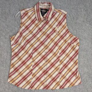 Harley Davidson Shirt Womens XL Pearl Snap Gingham Plaid Sleeveless Biker Logo